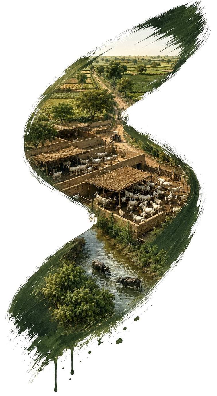 Illustration of the farm — pens, goats, buffalo in the water channel and a canal cutting through the fields — held inside a single green brushstroke